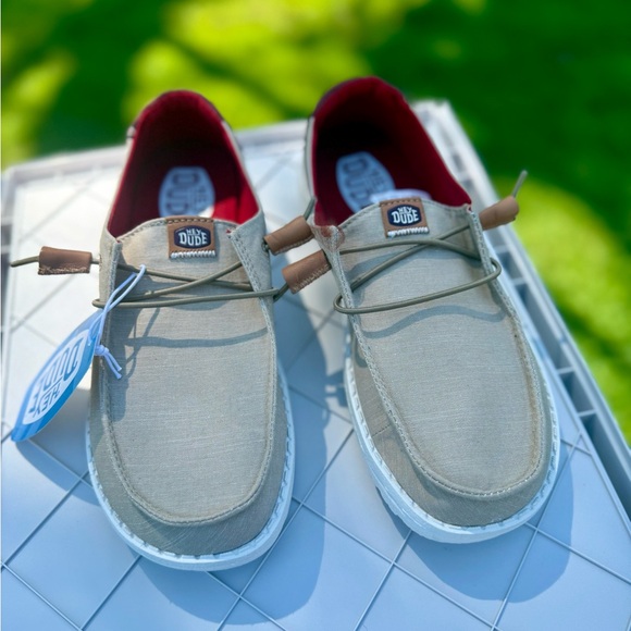 Hey Dude Tan White Maroon Wendy Chambray Boho Casual Moccasin Shoes New w/ Tags - Picture 4 of 14